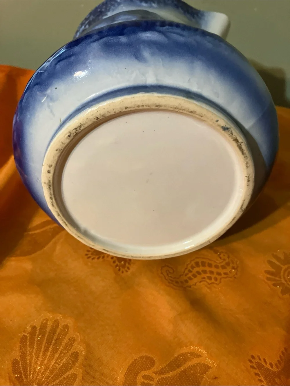 Vintage Flow Blue Pitcher w Relief Cows Stoneware Pottery -